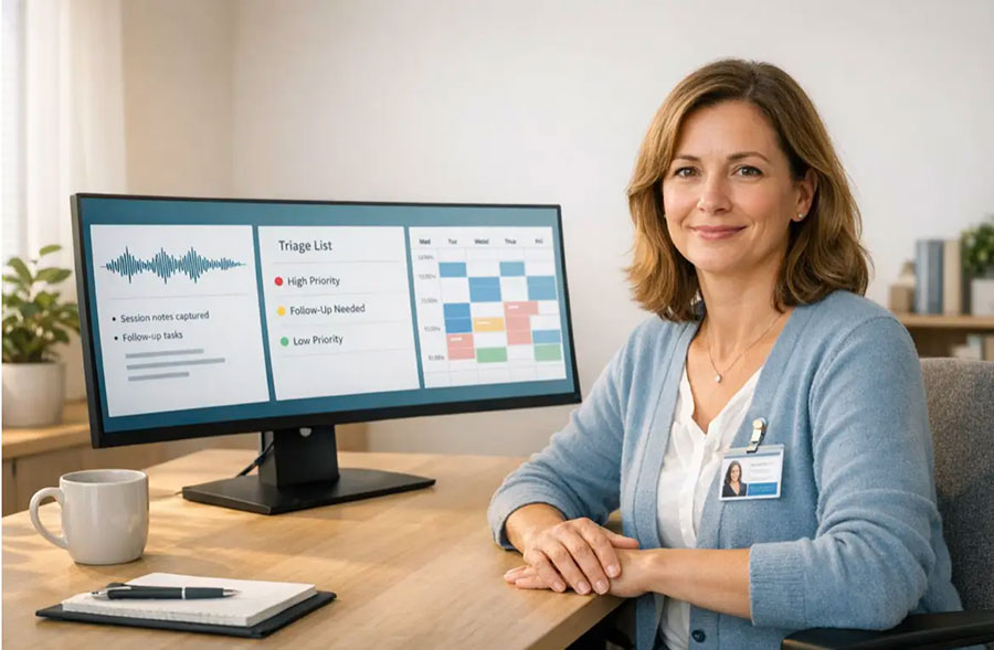 Nurse in front of computer dashboard