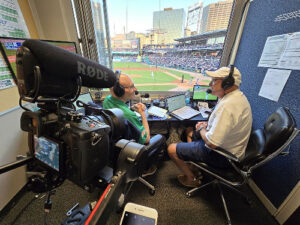 Rollin Schuster in the Yard Goats broadcast booth with Jeff Dooley